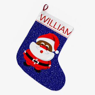Meia De Natal Grande Papai Noel Africano-Americano azul de Natal
