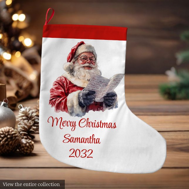 Meia De Natal Grande Papai Noel Alegre Rústico Nome Personalizado Editá (Merry Santa Claus Rustic Custom Name Editable Stocking)