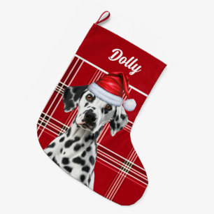 Meia De Natal Grande Papai Noel Dalmata Xadrez Vermelho de Férias e Nom