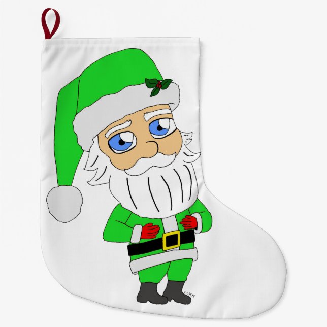 Meia De Natal Grande Papai Noel de terno verde chibi (Frente)