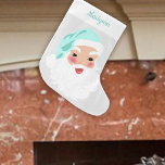 Meia De Natal Grande Papai Noel em Mint Green Hat Vintage<br><div class="desc">Esta meia de Natal de estilo vintage apresenta um gráfico de estilo vintage do Papai Noel com o homem alegre vestido com um chapéu verde da casa da moeda do Papai Noel. Há um ponto no topo para adicionar um nome na coordenação de scripts verdes ou escrevendo cursivo.</div>