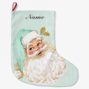Meia De Natal Grande Papai Noel Vitoriano Antigo Neutro Verde-Menta e D
