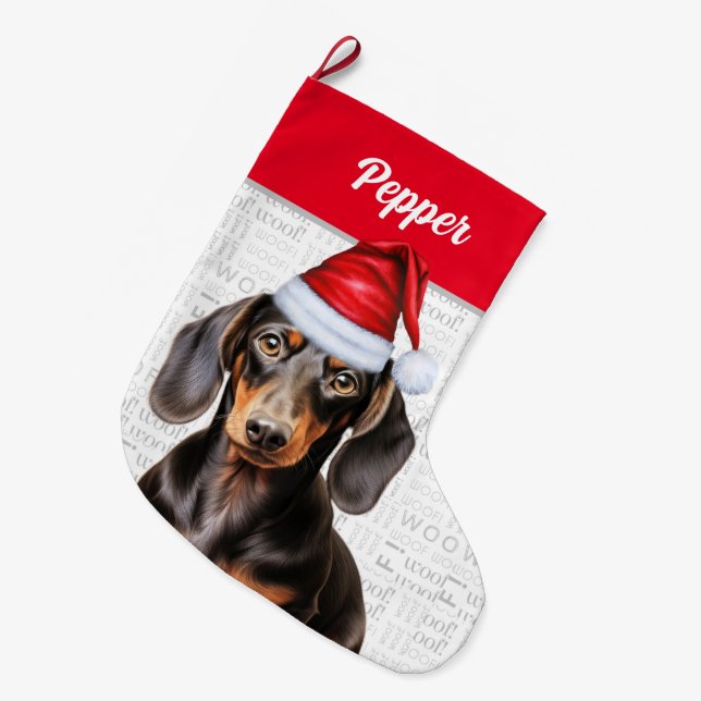 Meia De Natal Grande Papais noeis de Dachshund de Natal com Nome de Cac (Frente (Pendurada))