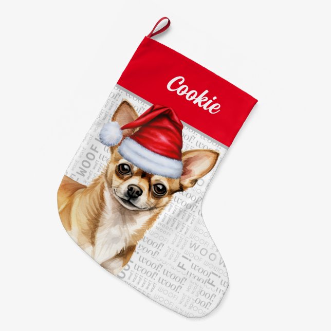 Meia De Natal Grande Papais noeis de Natal Tan Chihuahua com Nome de Cã (Frente (Pendurada))