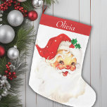 Meia De Natal Grande Papais noeis de Vintage de Meio século Cute Person<br><div class="desc">Esta encantadora estocagem de Natal é uma nostálgica alegria para o feriado do século médio, apresentando uma deliciosa imagem de Papais noeis vintage que exalta calor e alegria. A frente mostra Papais noeis em seu terno vermelho clássico com bochechas rosadas e um brilho em seu olho, capturando o espírito eterno...</div>
