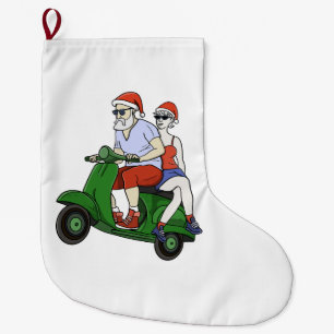 Meia De Natal Grande Papais noeis e Sra. Claus andando em patinete