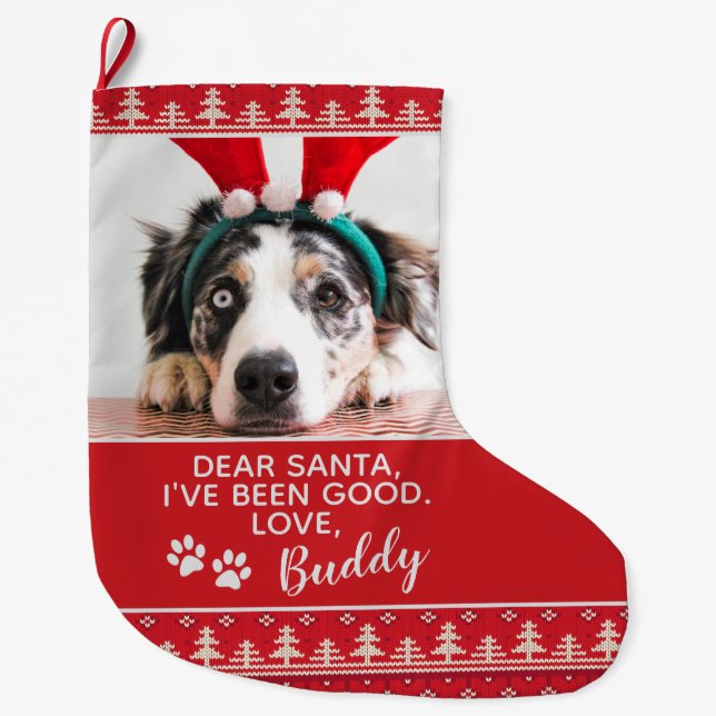 Meia De Natal Grande Papais noeis - Letra Nordic Pattern Dog Photo (Frente)
