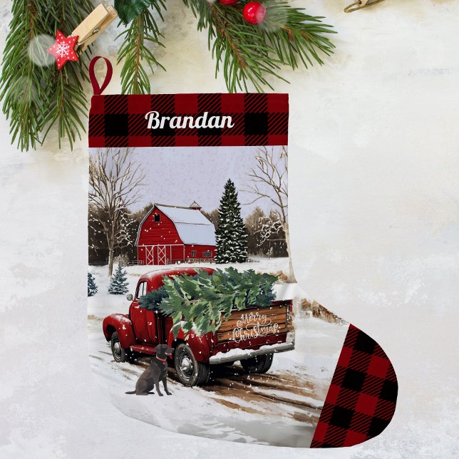 Meia De Natal Grande Parada de Caminhão Vermelho Natal - Personalizada (Christmas red truck stocking)