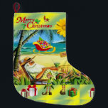 Meia De Natal Grande Parada de Natal, Papais noeis de Summer Beach<br><div class="desc">Parada de Natal Esta estocagem de Natal personalizada é atraente para Papais noeis pequenos presentes. Algo para todos,  Maria lurdis afonso,  https://www.zazzle.com/succeedinbeautybarb</div>