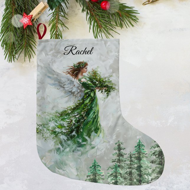 Meia De Natal Grande Paragem de anjo verde do Natal - Personalizado (Christmas Angel Stocking:)