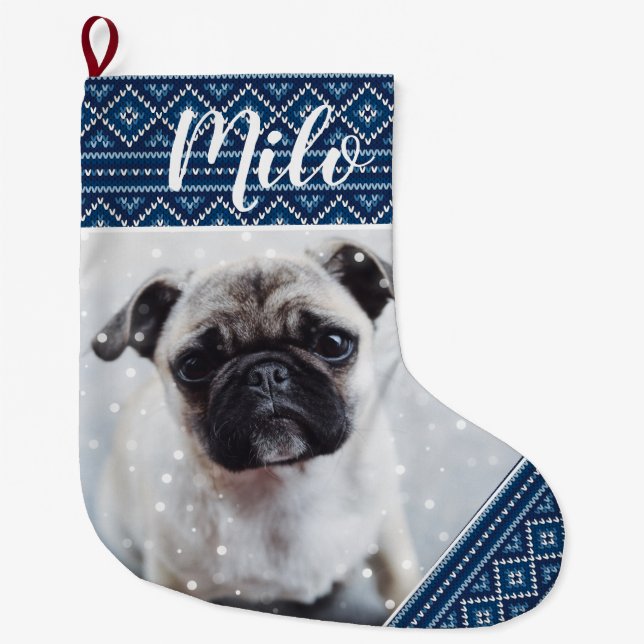 Meia De Natal Grande Paragem de Imagens Pet Personalizadas do Natal Azu (Frente)
