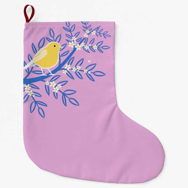 Meia De Natal Grande Pássaro Amarelo Ilustrado em um Fundo Rosa (Frente)