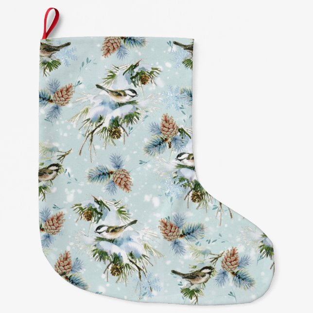 Meia De Natal Grande Pássaro Chickadee Pinecone Snow Teal de Natal (Frente)