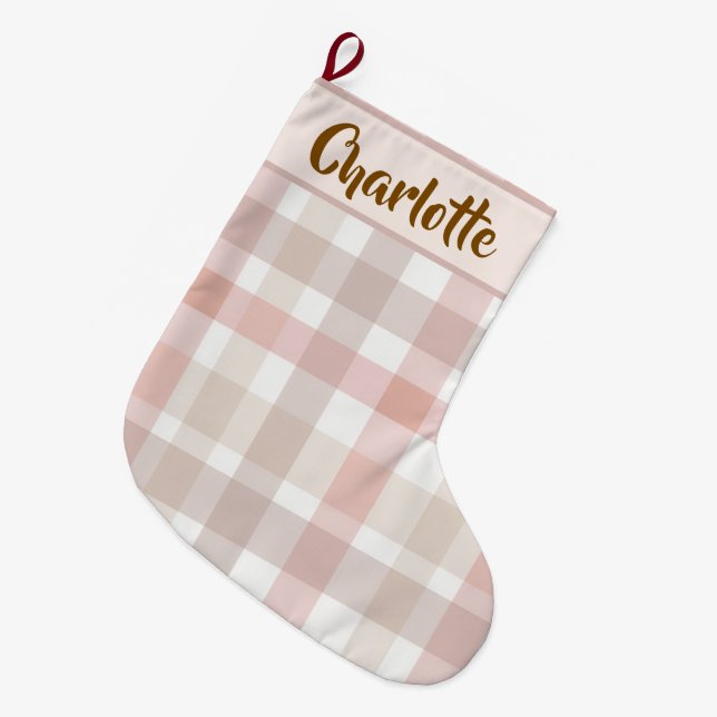 Meia De Natal Grande Pastel Pink Holiday Plaid | Christmas Stocking (Frente (Pendurada))
