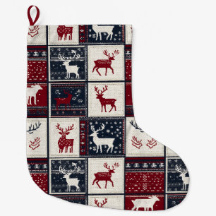 Meia De Natal Grande Patches de Natal Nórdico Reindeer Knmit