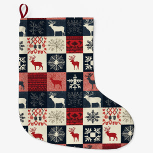 Meia De Natal Grande Patchwork do Fair Isle Knited   Holiday Reindeer