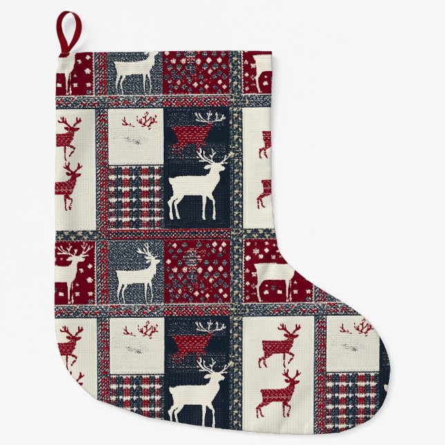Meia De Natal Grande Patchwork do Fair Isle Knited | Reindeer Russo (2) (Frente)