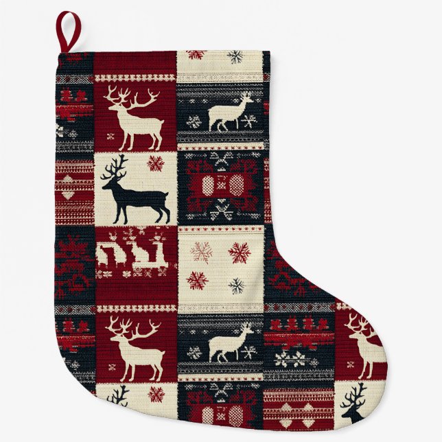 Meia De Natal Grande Patchwork do Fair Isle Knited | Rustic Reindeer (Frente)