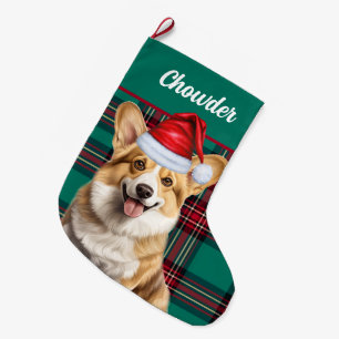 Meia De Natal Grande Pembroke Welsh Corgi Green Xadrez e nome dos cães