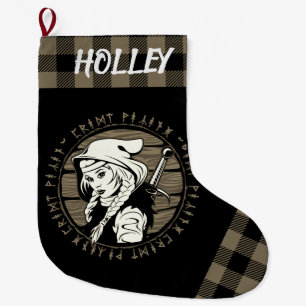 Meia De Natal Grande Personalizada Viking Archer Maiden Runing Tan Blac