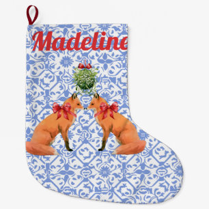 Meia De Natal Grande Personalizada Watercolor Fox Mistletoiserie