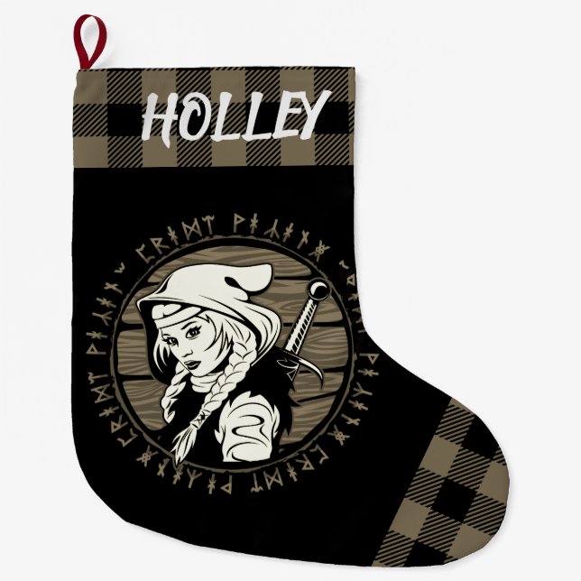 Meia De Natal Grande Personalizado Viking Archer Maiden Runge Tan Black (Frente)