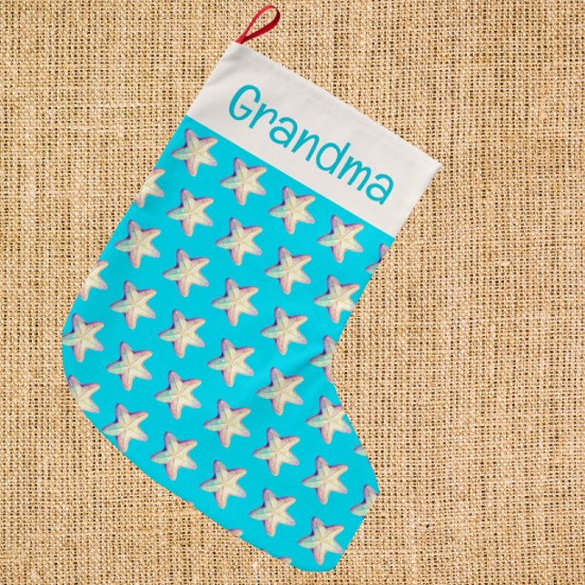 Meia De Natal Grande PersonalizadoTropical Estrela-do-Mar Espumante Nat (Sparkly starfish personalized stocking!)