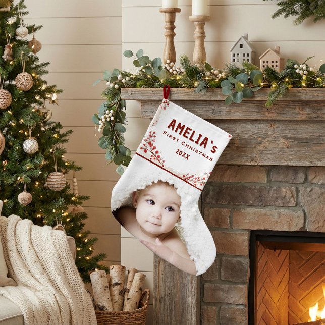 Meia De Natal Grande Personalized Baby First Christmas Berry Photo (Criador carregado)