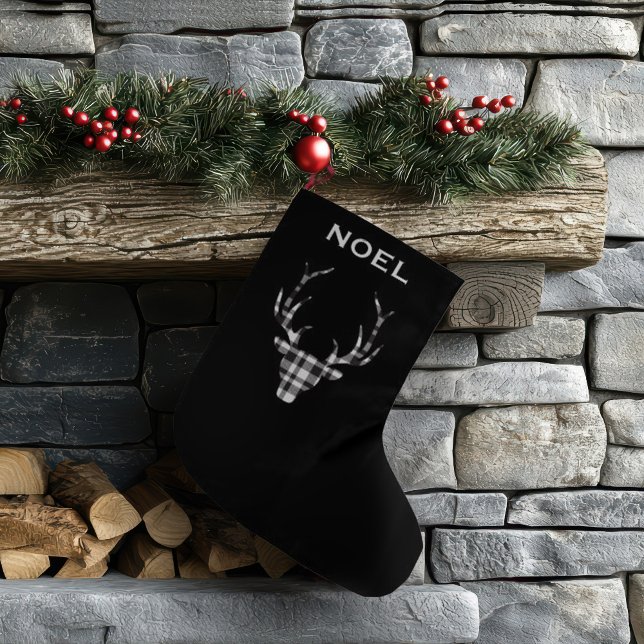 Meia De Natal Grande Personalized Black Plaid Deer Christmas Stockings (chic personalized christmas stocking. modern black plaid check deer.)