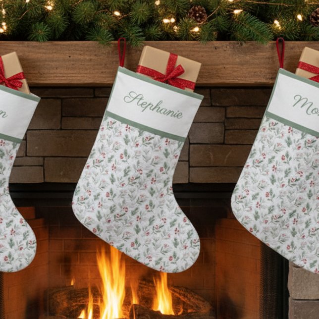Meia De Natal Grande Personalized Christmas Stocking - Holly & Berry (Personalized Christmas holiday stocking
)
