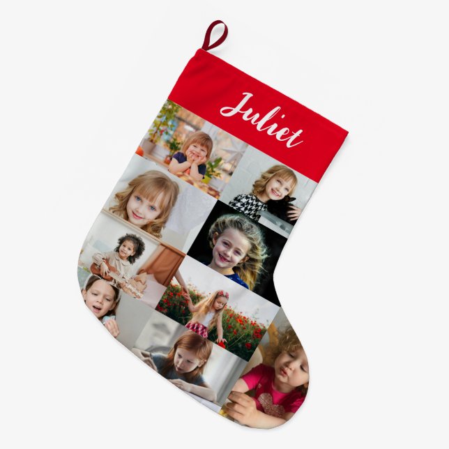 Meia De Natal Grande Personalized Kids Name & Photo Collage (Frente (Pendurada))