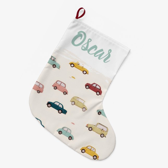 Meia De Natal Grande Personalized Name Festive Cars Christmas Stocking (Frente (Pendurada))