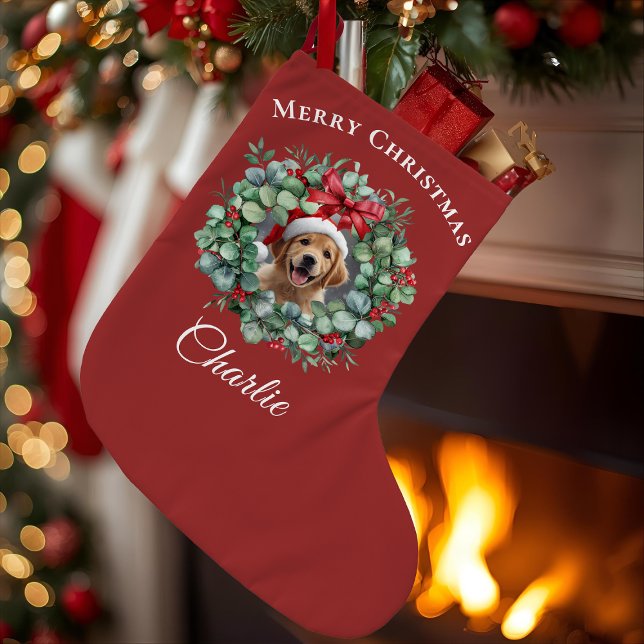 Meia De Natal Grande Personalized Pet Christmas with Wreath & Name (Criador carregado)