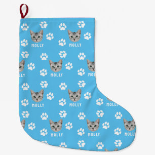 Meia De Natal Grande Pet de Cat Personalizada Foto e Nome Azul