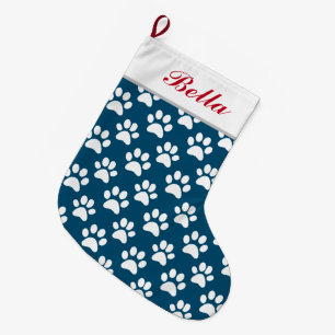 Meia De Natal Grande Pet Dog Cat Name Blue White Paw Prints