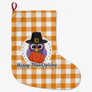 Meia De Natal Grande Pilgrim Owl em Orange Xadrez - Feliz Ação de Graça