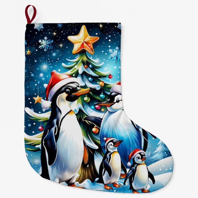 Meia De Natal Grande Pinguins bonitos num estilo animado, (Frente)