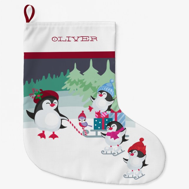 Meia De Natal Grande Pinguins com cheio de Sleigh de presentes de Natal (Frente)