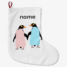 Pinguins cor-de-rosa e azuis de mãos dadas.