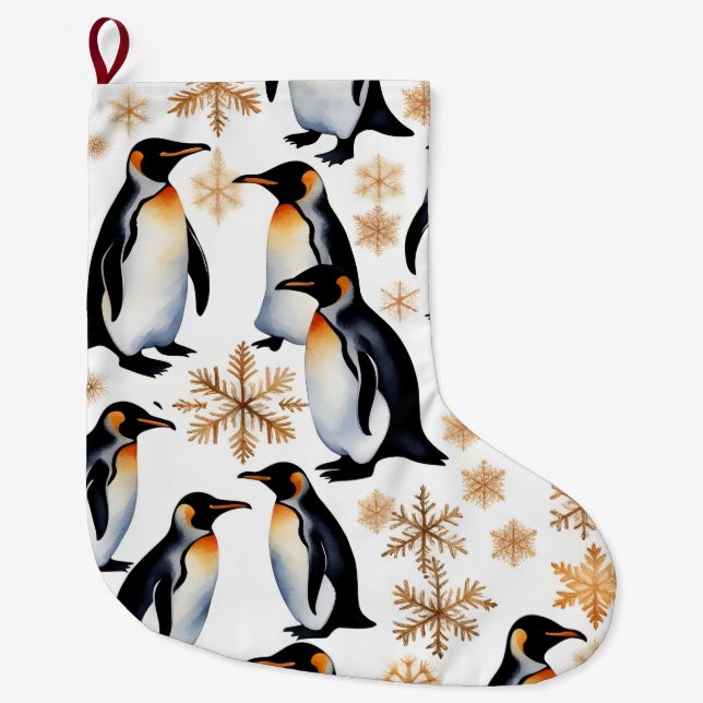 Meia De Natal Grande Pinguins e flocos de neve (Frente)