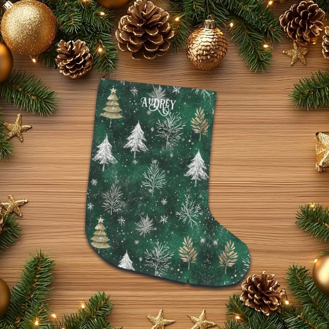 Meia De Natal Grande Pinheiros Dourados Prateados Flocos de Neve Caçado (Criador carregado)