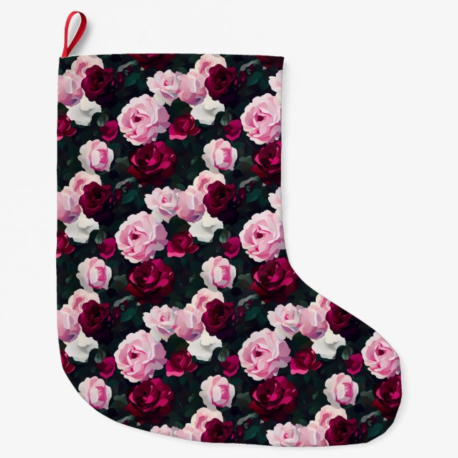 Meia De Natal Grande Pink and Red Painted Roses (Frente)
