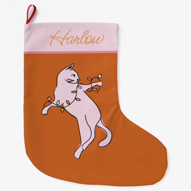 Meia De Natal Grande Pink Cat Pink (Frente)