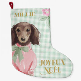 Meia De Natal Grande Pink Dachshund & Green Gingham Joyeux Noël