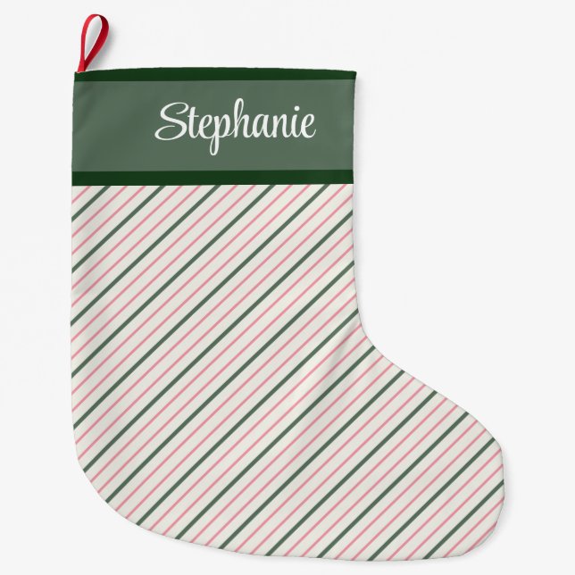 Meia De Natal Grande Pinstripe rosa e verde com nome (Frente)