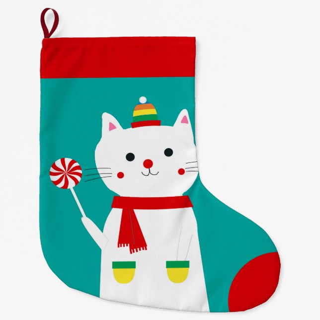 Meia De Natal Grande Pirulito alegre gato personalizado do gatinho (Frente)