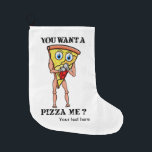 Meia De Natal Grande Pizza de Banho de Cartoon<br><div class="desc">Um desenho engraçado em uma pizza vestindo luvas de boxe. A pizza tem grandes olhos azuis e está pronta para um jogo de boxe. O slogan diz "você quer uma pizza para mim"</div>