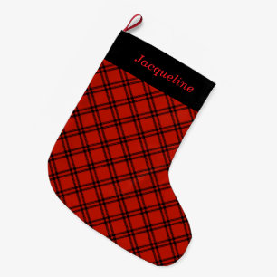 Meia De Natal Grande Plaid Preto e Vermelho Personalizado