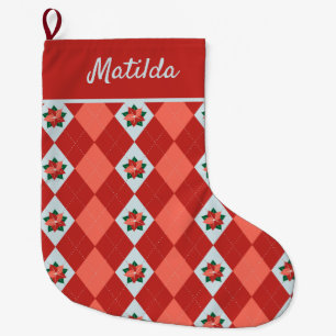 Meia De Natal Grande Poinsettia Argyle de Natal Personalizada