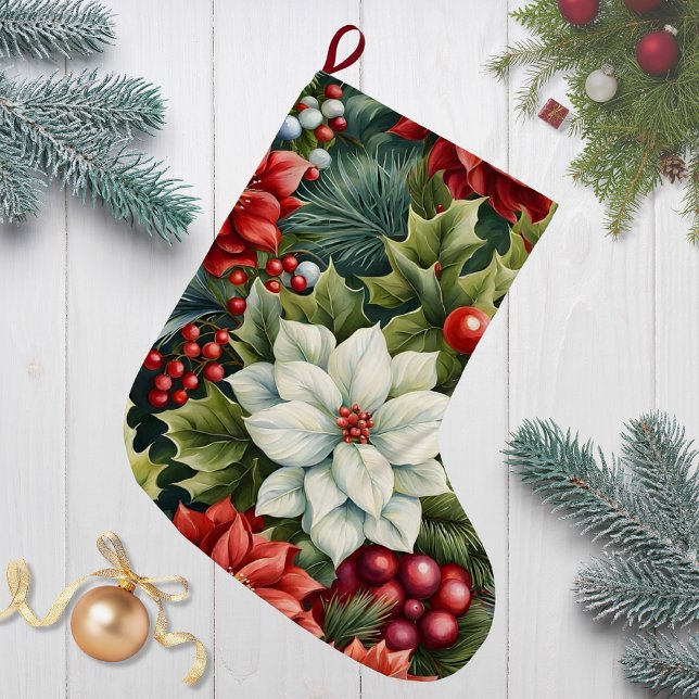 Meia De Natal Grande Poinsettia & Holly Berries (Criador carregado)